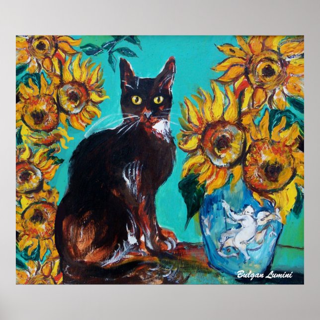 SUNFLOWERS WITH BLACK CAT IN BLUE TURQUOISE POSTER (Front)