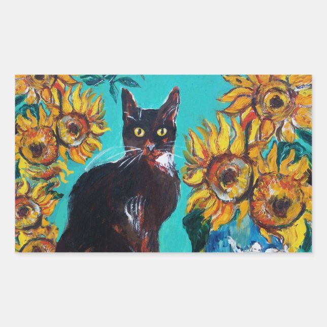 SUNFLOWERS WITH BLACK CAT IN BLUE TURQUOISE RECTANGULAR STICKER (Front)