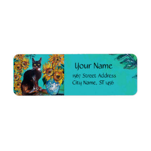 SUNFLOWERS WITH BLACK CAT IN BLUE TURQUOISE RETURN ADDRESS LABEL