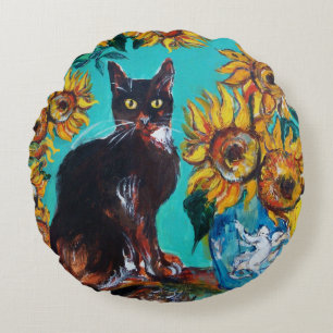 SUNFLOWERS WITH BLACK CAT IN BLUE TURQUOISE ROUND CUSHION