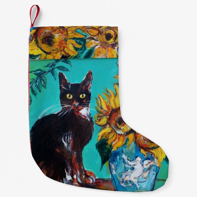 SUNFLOWERS WITH BLACK CAT IN BLUE TURQUOISE SMALL CHRISTMAS STOCKING (Front)