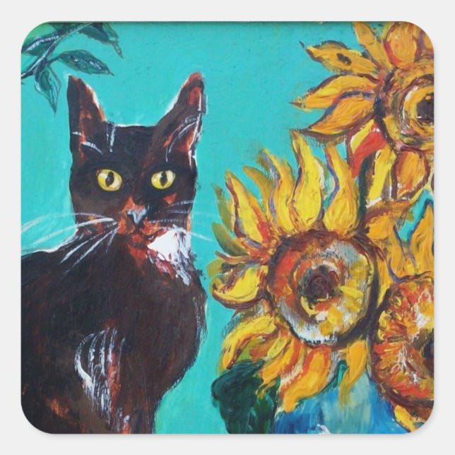 SUNFLOWERS WITH BLACK CAT IN BLUE TURQUOISE SQUARE STICKER (Front)
