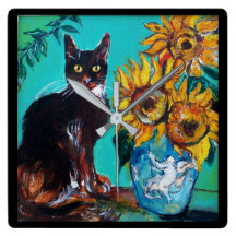 SUNFLOWERS WITH BLACK CAT IN BLUE TURQUOISE