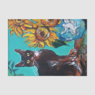 SUNFLOWERS WITH BLACK CAT IN BLUE TURQUOISE TISSUE PAPER