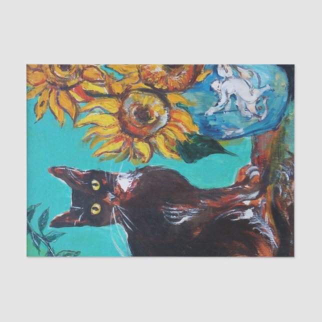 SUNFLOWERS WITH BLACK CAT IN BLUE TURQUOISE TISSUE PAPER (Front)