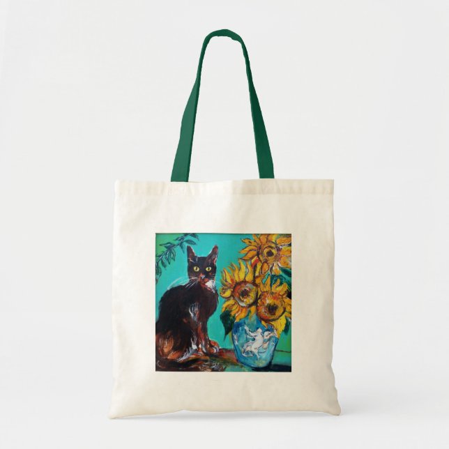 SUNFLOWERS WITH BLACK CAT IN BLUE TURQUOISE TOTE BAG (Front)