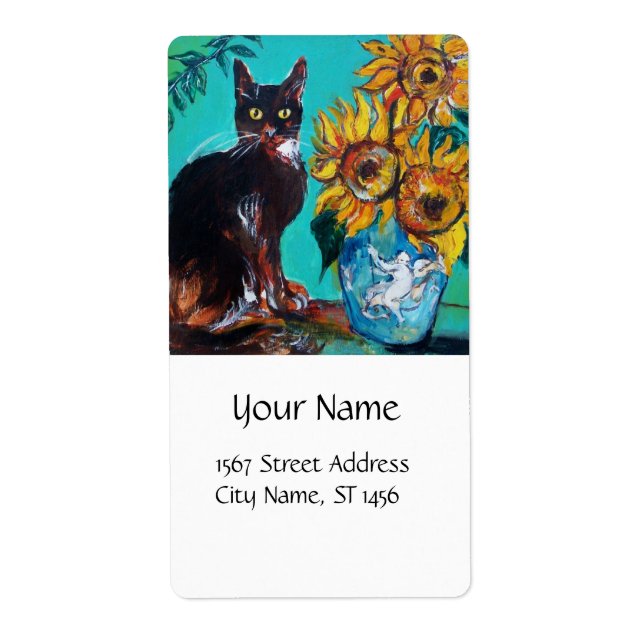 SUNFLOWERS WITH BLACK CAT IN BLUE TURQUOISE White (Front)