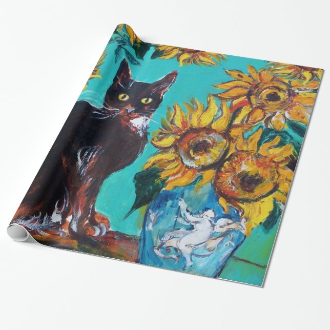 SUNFLOWERS WITH BLACK CAT IN BLUE TURQUOISE WRAPPING PAPER (Unrolled)