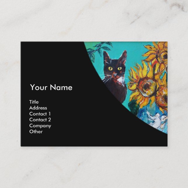 SUNFLOWERS WITH BLACK CAT MONOGRAM Blue Yellow Business Card (Front)
