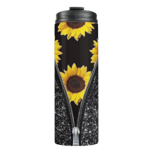 Sunflowers With Black Glitter in Zipper Design Thermal Tumbler