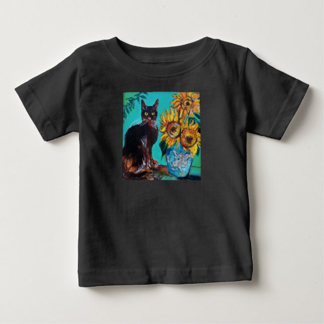 SUNFLOWERS WITH CAT IN BLUE TURQUOISE BABY T-Shirt (Front)
