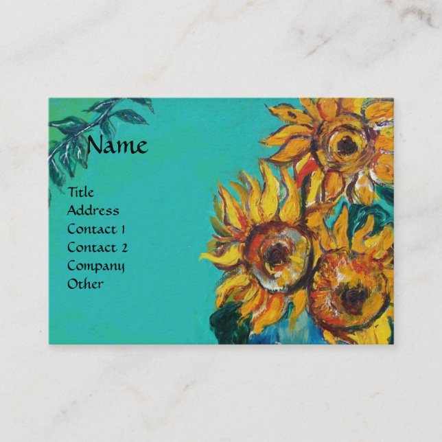 SUNFLOWERS WITH CAT IN BLUE TURQUOISE BUSINESS CARD (Front)