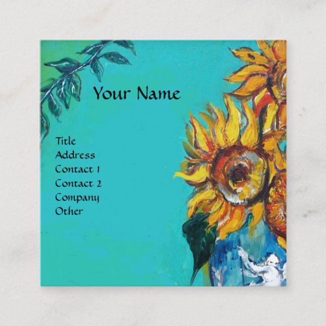 SUNFLOWERS WITH CAT IN BLUE TURQUOISE SQUARE BUSINESS CARD (Front)