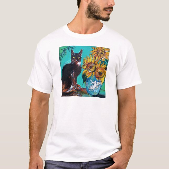SUNFLOWERS WITH CAT IN BLUE TURQUOISE T-Shirt (Front)