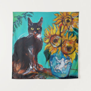 SUNFLOWERS WITH CAT IN BLUE TURQUOISE TAPESTRY