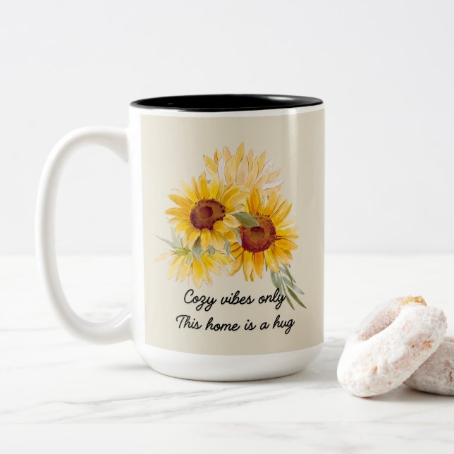 Sunflowers With Cosy Vibes Quote Two-Tone Coffee Mug (With Donut)