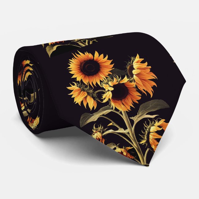 SUNFLOWERS WITH GREEN LEAVES IN BLACK TIE (Rolled)