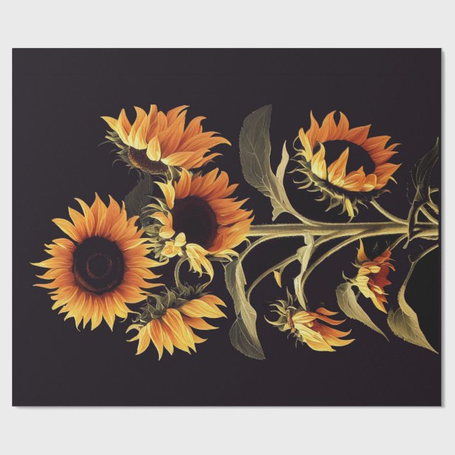 SUNFLOWERS WITH GREEN LEAVES IN BLACK WRAPPING PAPER (Flat)