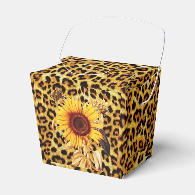 SUNFLOWERS WITH LEOPARD FUR BOW SUMMER PARTY FAVOUR BOX (Front Side)