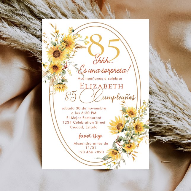 Sunflowers Women Spanish Surprise 85th Birthday Invitation (Creator Uploaded)
