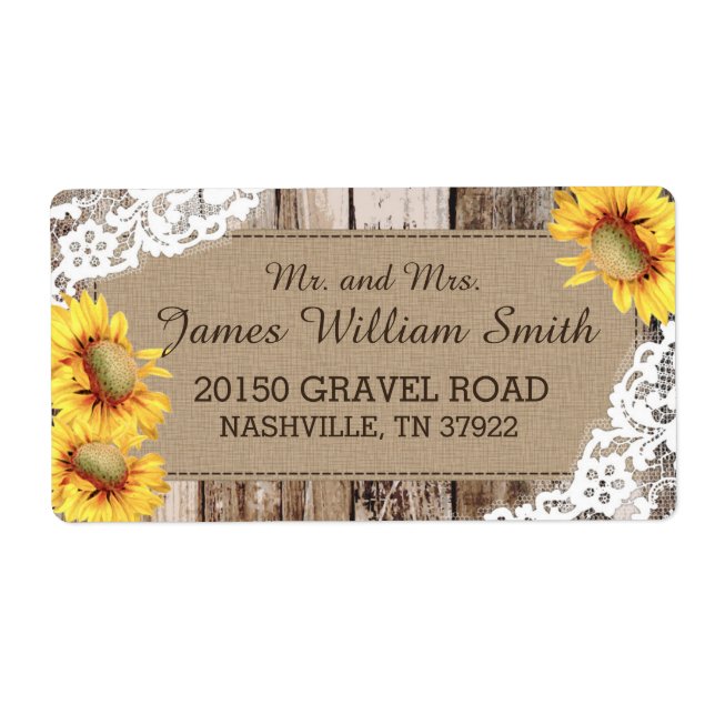 Sunflowers Wood and Lace Rustic Wedding Label (Front)