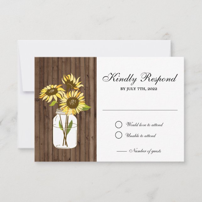 Sunflowers Wood Mason Jar RSVP Card (Front)