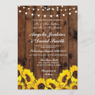 Sunflowers Wood Wedding Rustic Floral Light Invite