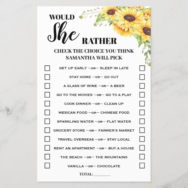 Sunflowers Would She Rather Baby Shower Game Card (Front)