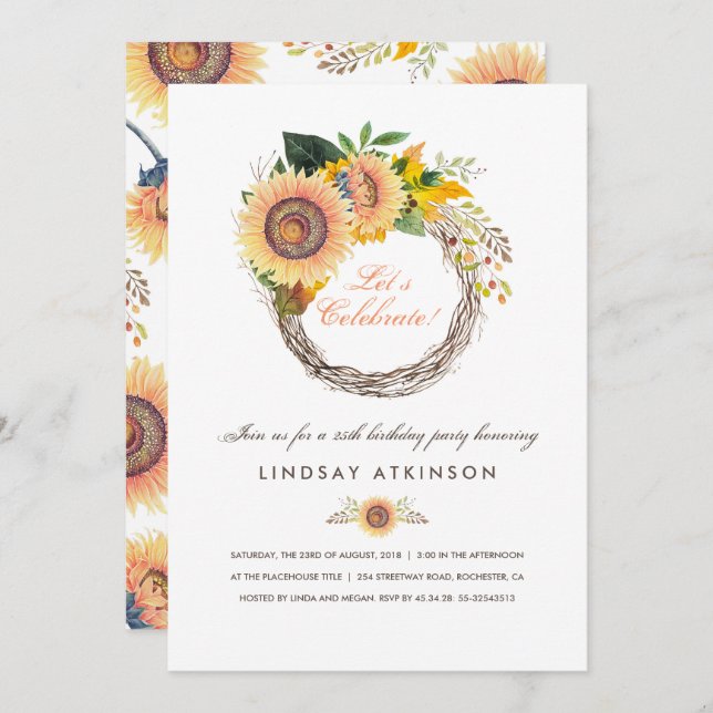 Sunflowers Wreath Rustic Fall Birthday Party Invitation (Front/Back)