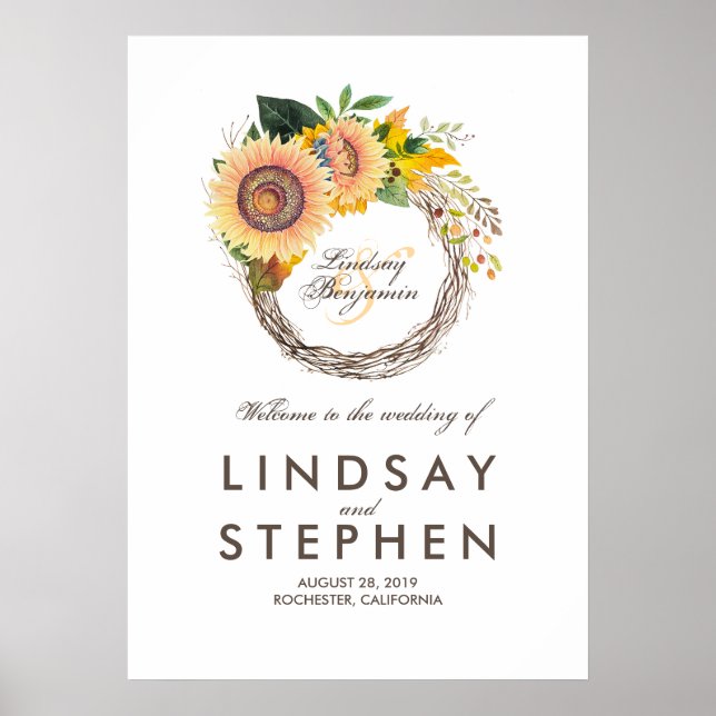 Sunflowers Wreath Wedding Welcome Sign (Front)