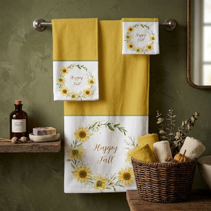 Sunflowers wreath with customisable text bath tow towel set