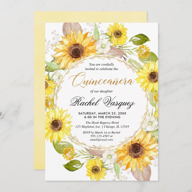 Sunflowers yellow and gold floral Quinceanera Invitation (Front/Back)
