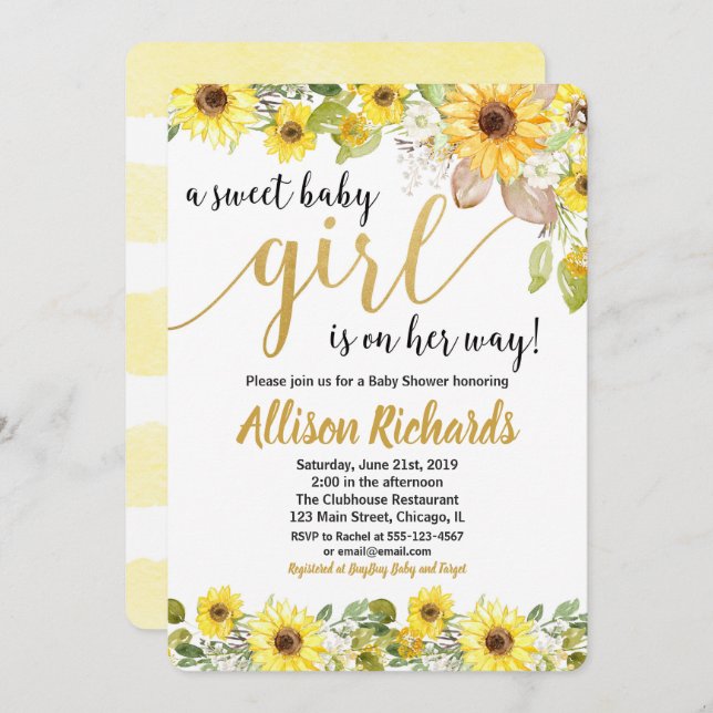 Sunflowers yellow baby shower invitation for girl (Front/Back)