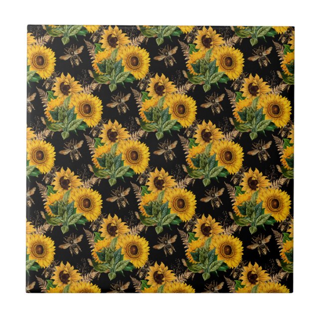 Sunflowers Yellow Black Bees Bouquet Ceramic Tile (Front)