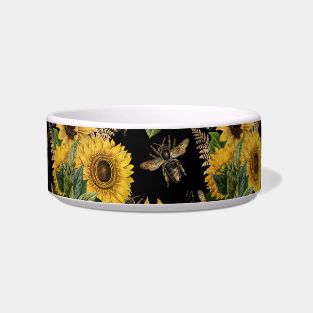 Sunflowers Yellow Black Bees Bouquet Pet Bowl (Front)