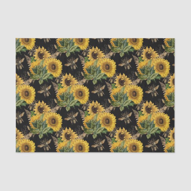 Sunflowers Yellow Black Bees Bouquet Tissue Paper (Front)