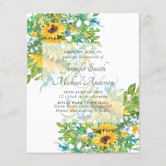 Sunflowers Yellow Blue Floral Leafy Wedding Invite (Front)