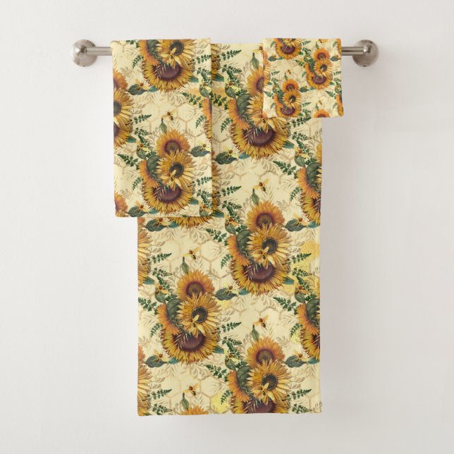 Sunflowers Yellow Gold Honeycomb Bees Bath Towel Set (Insitu)