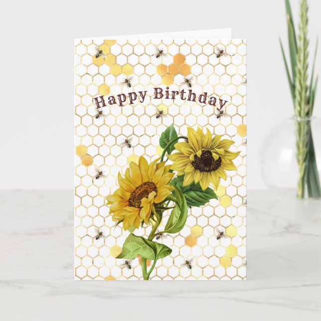 Sunflowers Yellow Gold Honeycomb Bees Birthday  Card (Front)