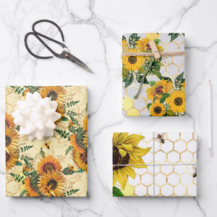 Sunflowers Yellow Gold Honeycomb Bees Wrapping Paper Sheet
