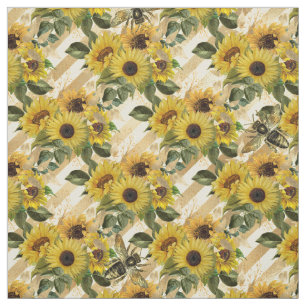 Sunflowers Yellow Gold Stripes Watercolor Fabric