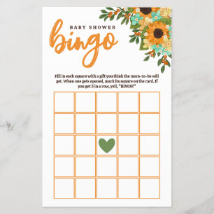 Sunflowers Yellow Mint Flowers Baby Shower Bingo Flyer