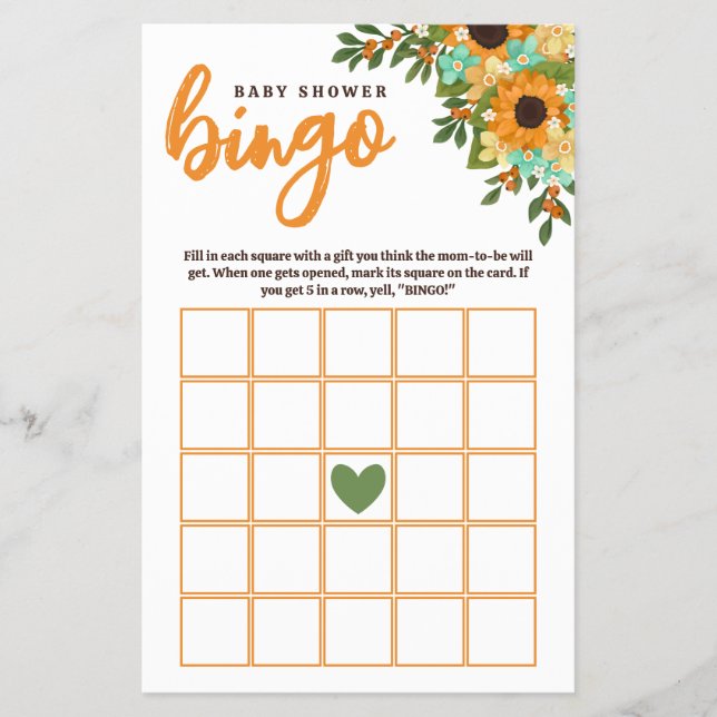 Sunflowers Yellow Mint Flowers Baby Shower Bingo Flyer (Front)