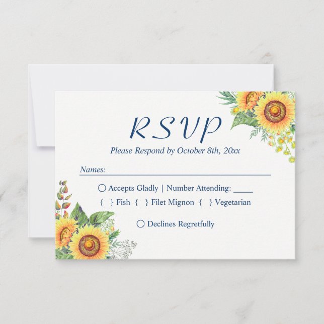 Sunflowers Yellow Navy Blue Rustic Wedding RSVP (Front)