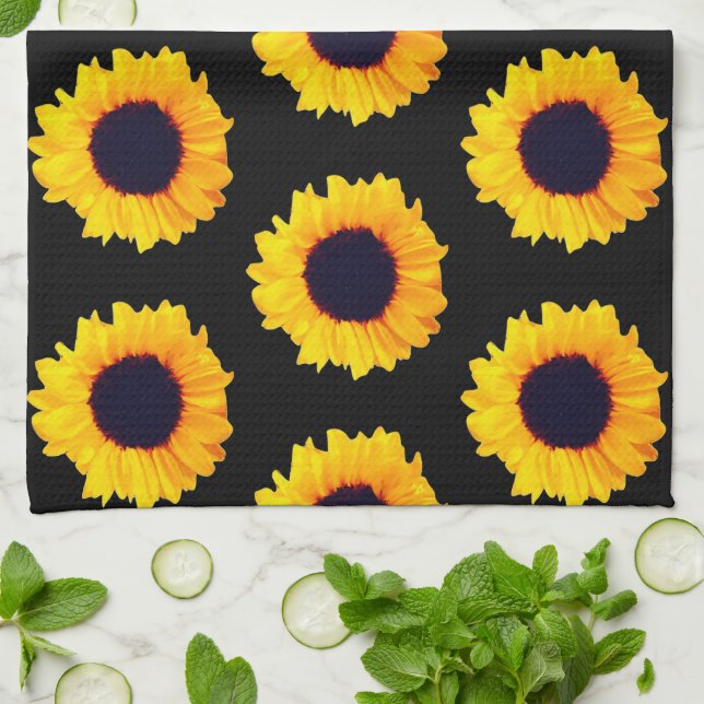 Sunflowers Yellow Orange Black Kitchen Towels (Folded)