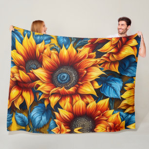 Sunflowers yellow red and Blue Fleece Blanket