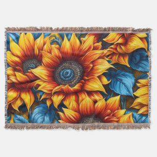 Sunflowers yellow red and Blue Throw Blanket