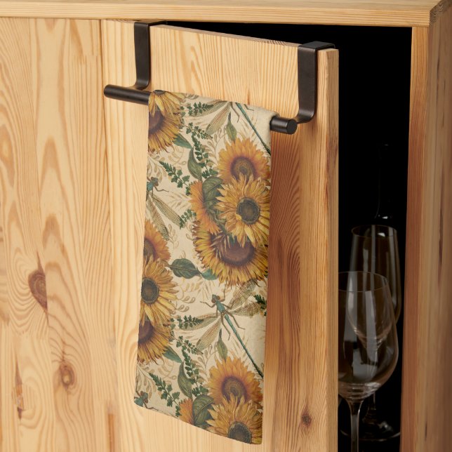 Sunflowers Yellow Tan Dragonflies Floral Tea Towel (Thirds Fold)