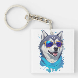 Sunglass-Wearing Husky Dog in Playful Splash Key Ring