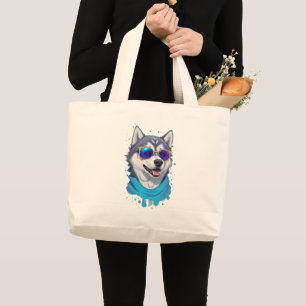 Sunglass-Wearing Husky Dog in Playful Splash Large Tote Bag